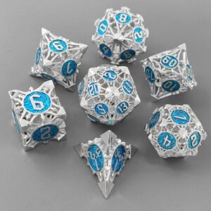 AHDKEJG Metal DND Dice Set D&D Hollow Dungeons and Dragons Gifts Polyhedral D20 Sided Dice RPG MTG Table Games Pathfinder Accessories Role Playing 7pcs D20 D12 D10 D% D8 D6 D4-Silver Blue