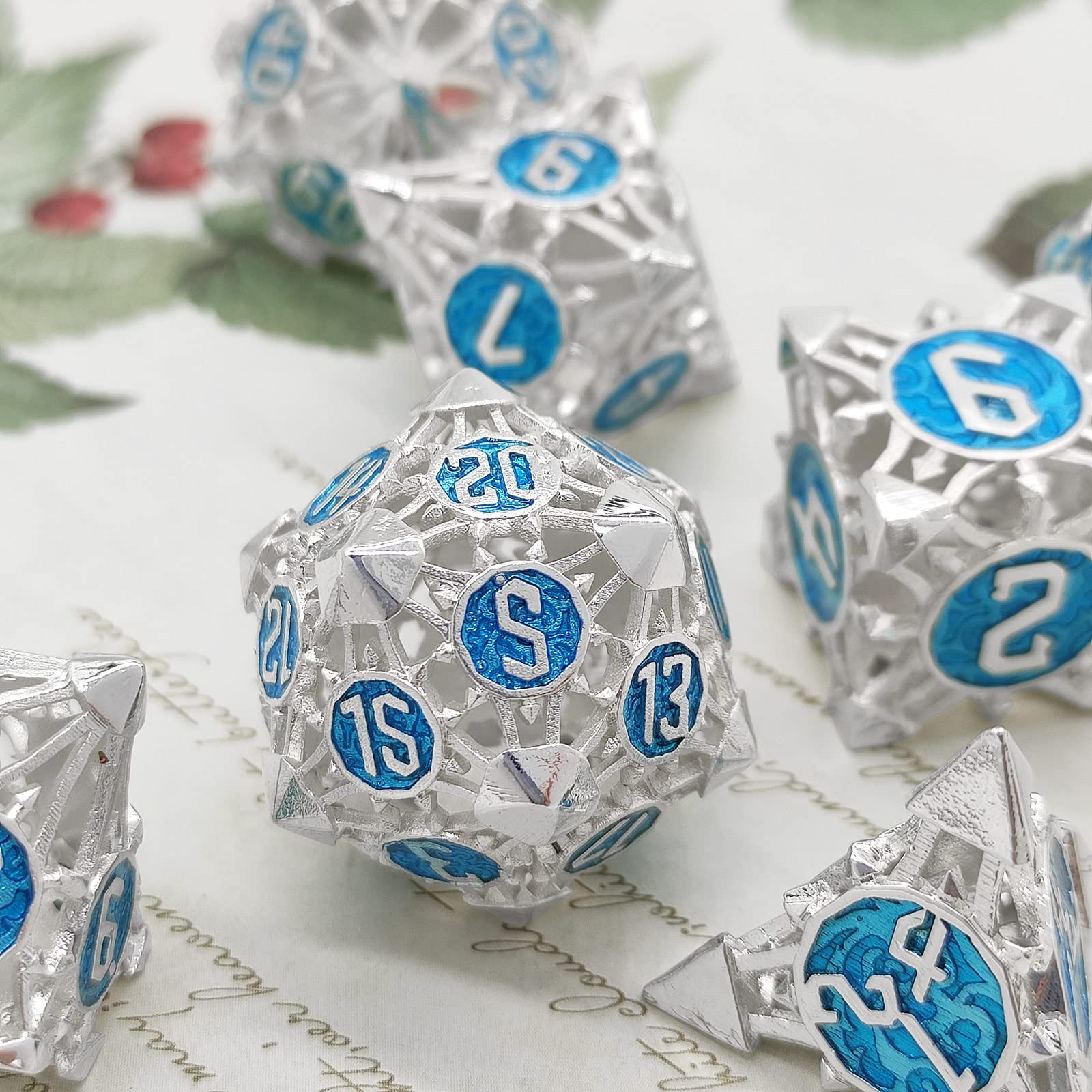 AHDKEJG Metal DND Dice Set D&D Hollow Dungeons and Dragons Gifts Polyhedral D20 Sided Dice RPG MTG Table Games Pathfinder Accessories Role Playing 7pcs D20 D12 D10 D% D8 D6 D4-Silver Blue