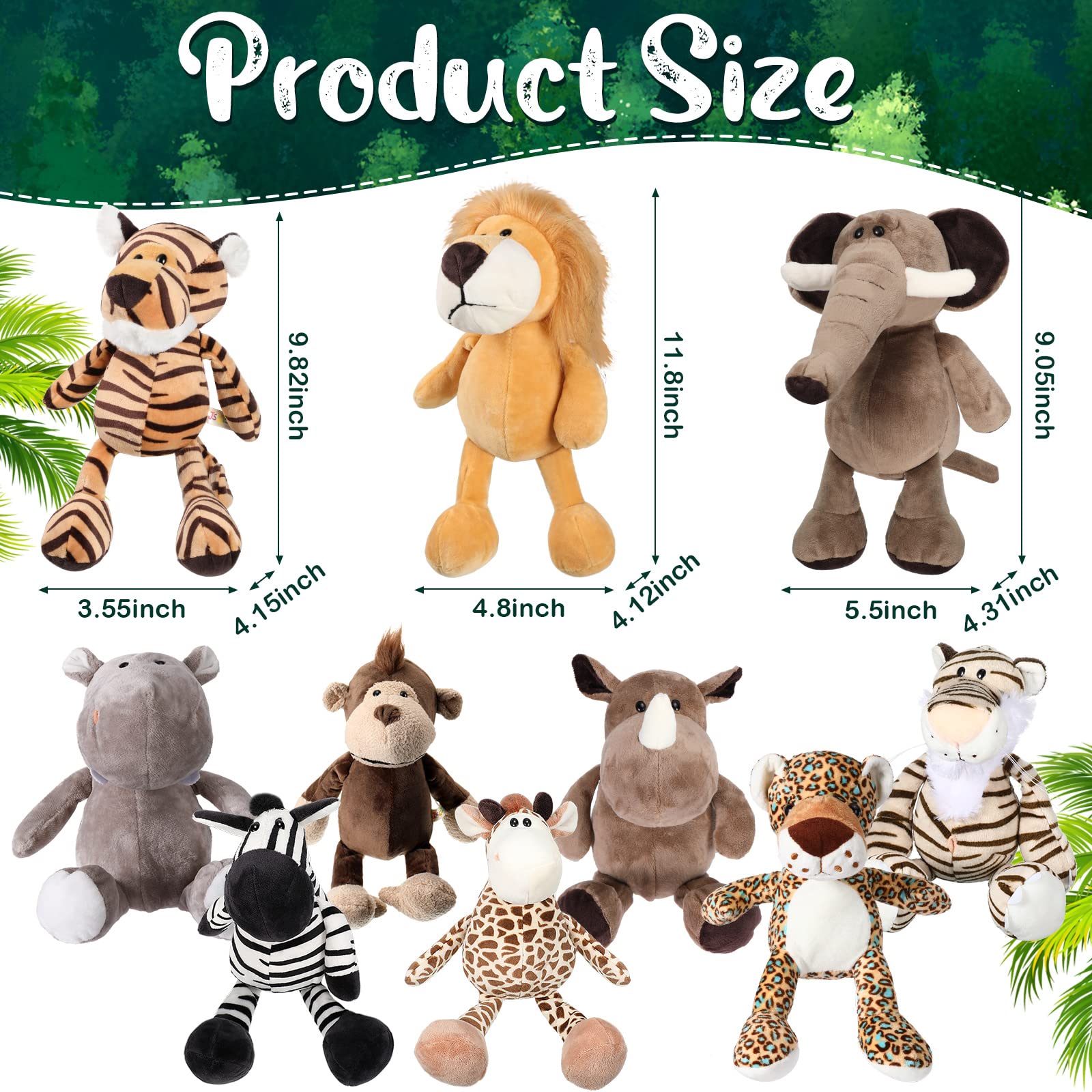 HyDren 10 Pcs Safari Stuffed Animals Plush Jungle Animal Toys for Girls Boys, Elephant Giraffe Lion Tiger Monkey Rhinoceros Zebra White Tiger Leopard Hippo for School Classroom Achievement Award