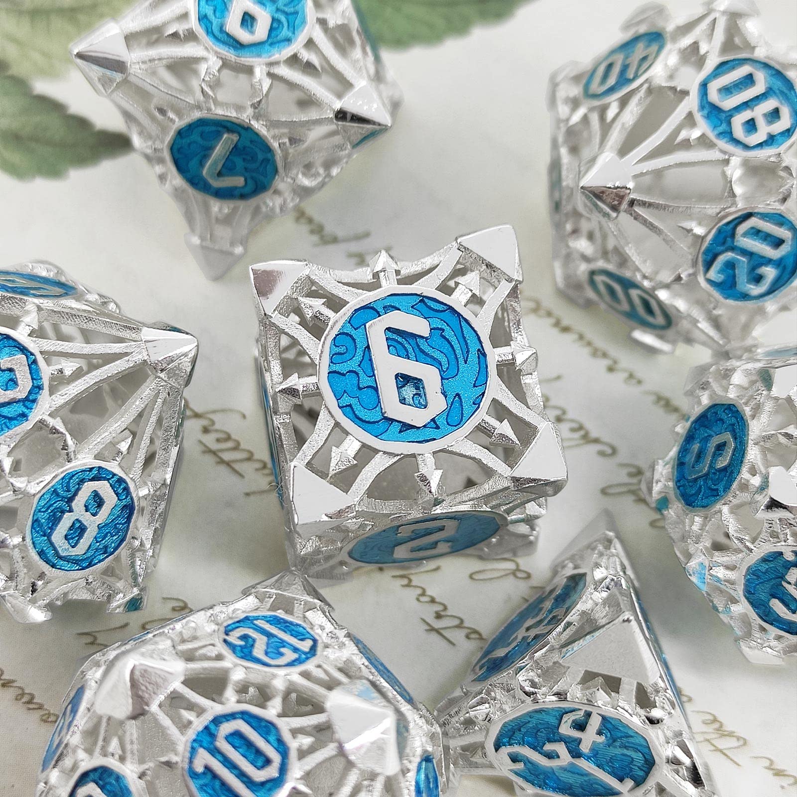 AHDKEJG Metal DND Dice Set D&D Hollow Dungeons and Dragons Gifts Polyhedral D20 Sided Dice RPG MTG Table Games Pathfinder Accessories Role Playing 7pcs D20 D12 D10 D% D8 D6 D4-Silver Blue