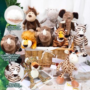 HyDren 10 Pcs Safari Stuffed Animals Plush Jungle Animal Toys for Girls Boys, Elephant Giraffe Lion Tiger Monkey Rhinoceros Zebra White Tiger Leopard Hippo for School Classroom Achievement Award