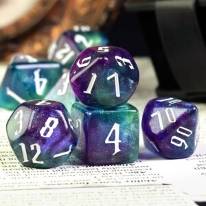 KSNDie Polyhedral DND Dice Set for Dungeon and Dragons, 7-Die D&D Dice Sets for RPG Role Playing Games,d and d, Purple Mix Blue Green Nebula Dice