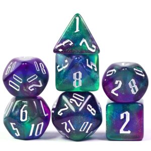 KSNDie Polyhedral DND Dice Set for Dungeon and Dragons, 7-Die D&D Dice Sets for RPG Role Playing Games,d and d, Purple Mix Blue Green Nebula Dice