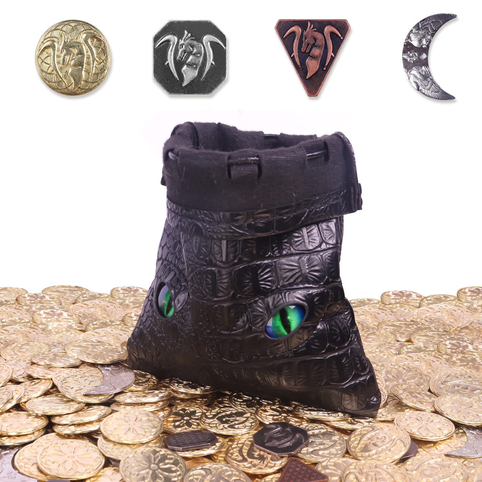 145PCS Metal DND Coins & Leather Bag, Contains 60 Gold Coins, 40 Sliver Coins, 40 Copper Coins and 5 Platinum Coins, Tokens with Glow in The Night Eyes Bag for RPG Tablelap Games