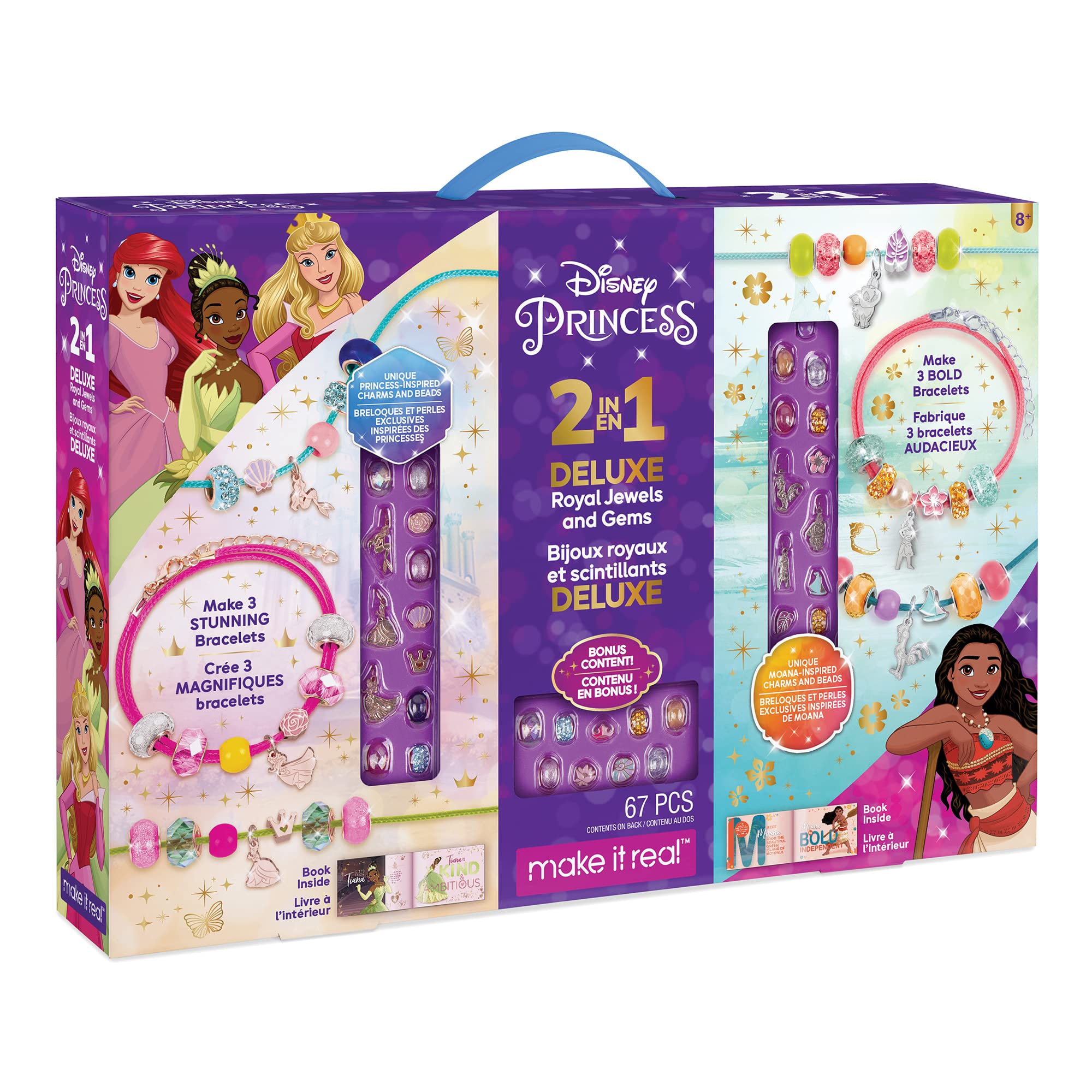 Make It Real Disney Princess 2 in 1 Deluxe Royal Jewels & Gems - Disney Princess Craft Kit with Disney Charms & Beads - Disney Princess Jewelry Making Kit for Girls 8-10-12-14