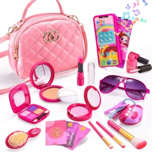 little girl purse with pretend makeup kit, toddler purses with accessories, kids play make up toy with handbags, pink princess kit gifts toddler girls toys for 2-4 3-5 4-6 3 4 5 6 7 8 year old