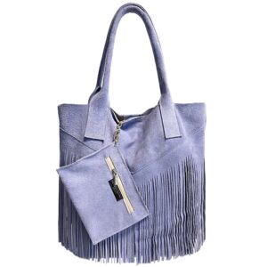 modarno women genuine suede fringe shopper bag plus case for same color jewelry - handbag - shoulder bag, blue purple