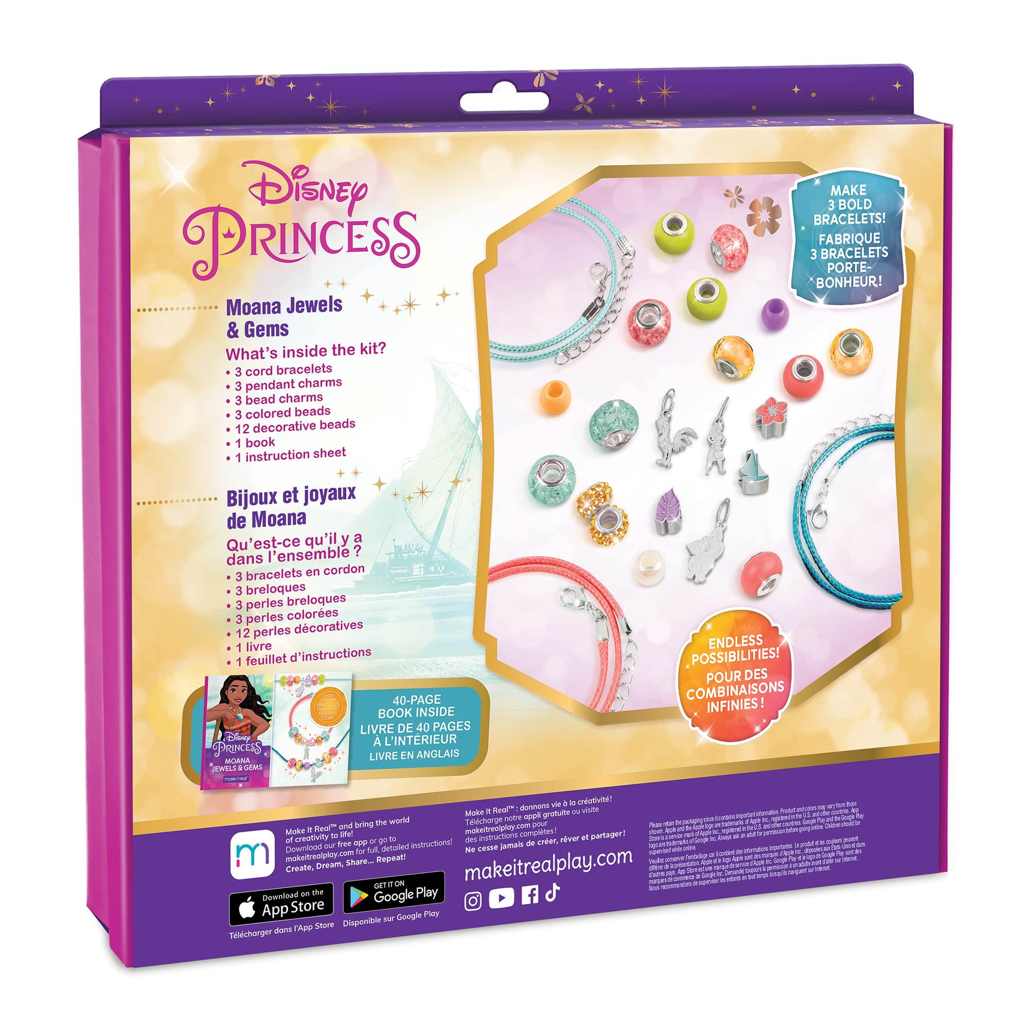 Disney Princess: Jewels & Gems Moana - Create 3 Bold Bracelets, Make It Real, 26 Piece, Tweens & Girls, Make Unique Charm & Bead Jewelry, All-In-One, DIY Jewelry Kit, Tweens & Girls, Kids Ages 8+