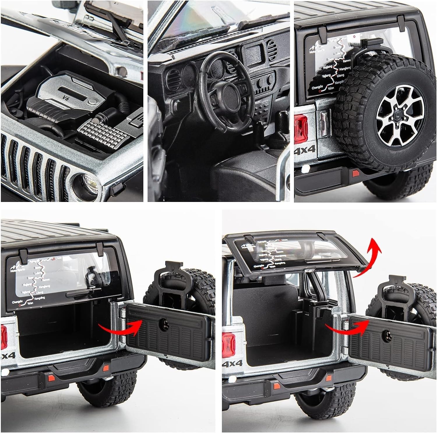 BDTCTK Off-Road 7 Door for Wrangler Diecast Toy Car Model, 1/22 Scale Metal Alloy Vehicle for Kids Boys Girls Adults, Doors Open, Light and Sound, Gifts Gray