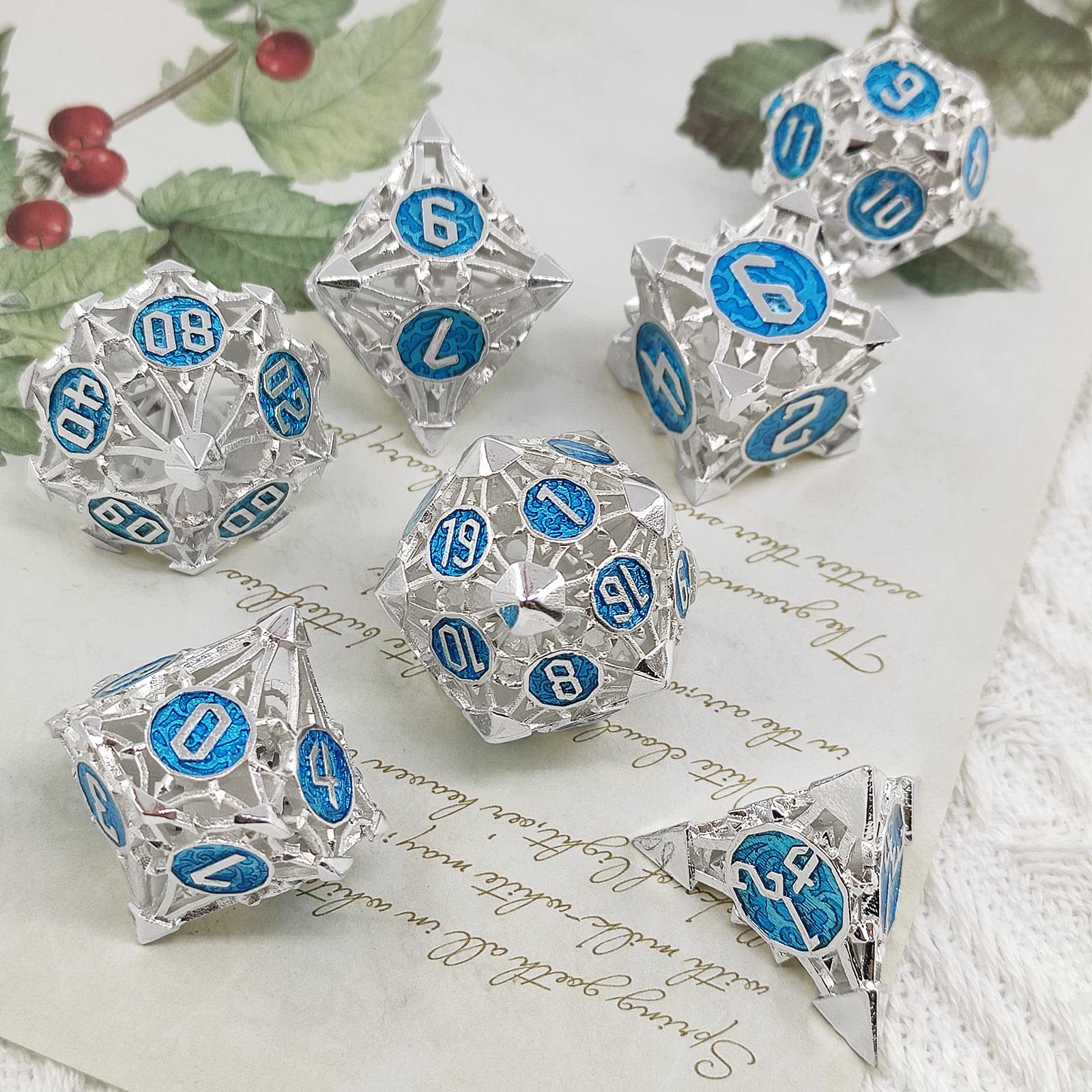 AHDKEJG Metal DND Dice Set D&D Hollow Dungeons and Dragons Gifts Polyhedral D20 Sided Dice RPG MTG Table Games Pathfinder Accessories Role Playing 7pcs D20 D12 D10 D% D8 D6 D4-Silver Blue