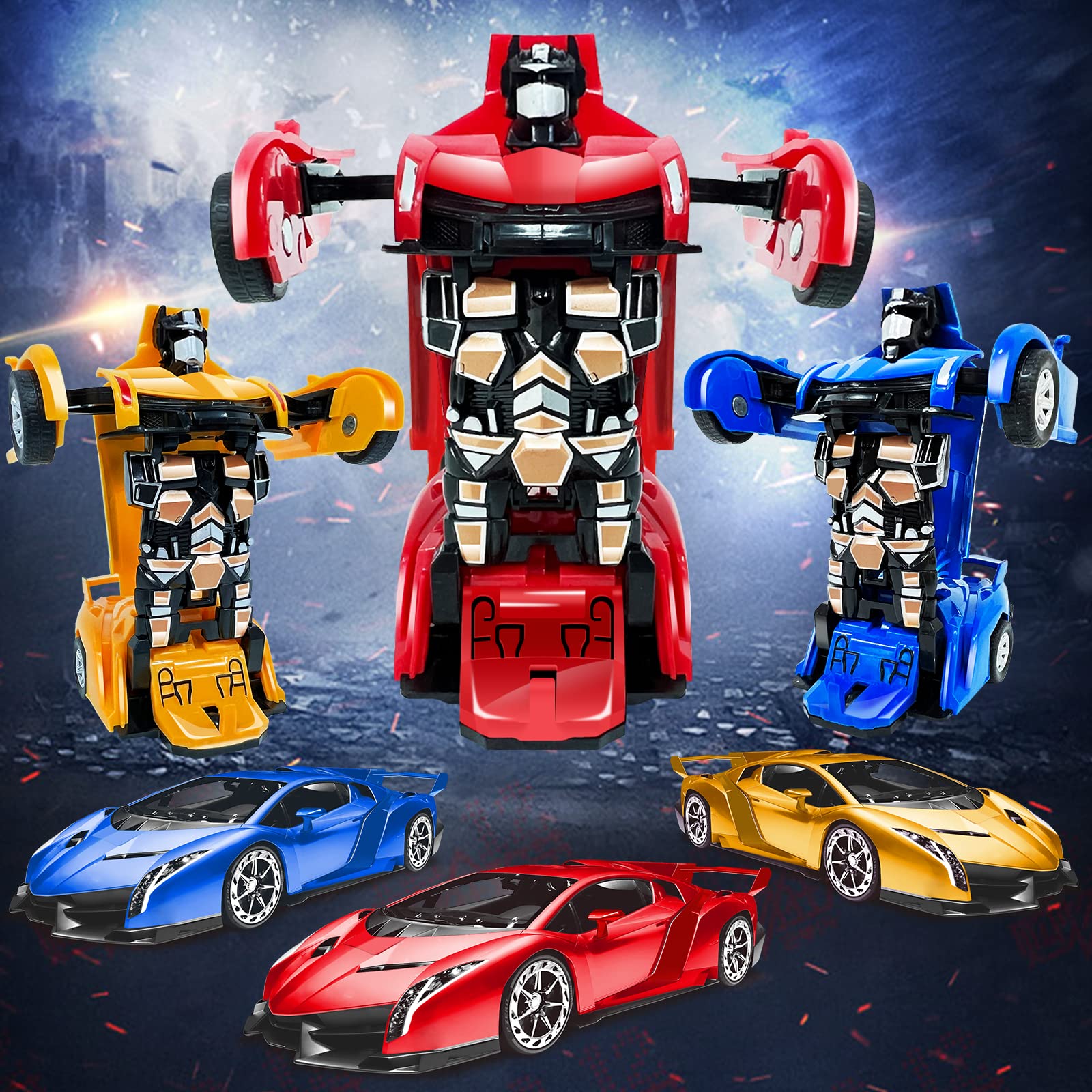 AMENON 3 Pack Transform Toys Robot Car Toys for Boys, 1:36 Automatic Deformation Push and Go Car Vehicle Toy Race Car for Kids Birthday Gifts