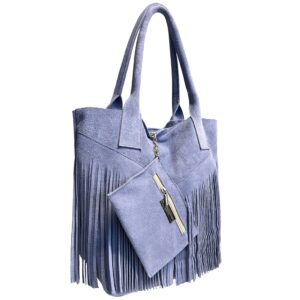 Modarno Women Genuine Suede Fringe Shopper Bag Plus Case for Same Color Jewelry - Handbag - Shoulder Bag, Blue Purple