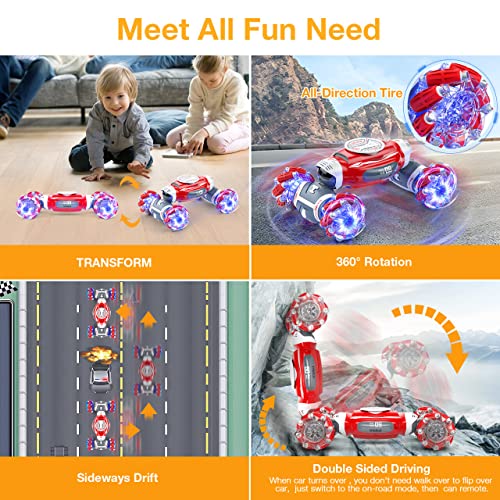 Powerextra 2023 New Remote Control Car, 1:12 Gesture Control Rc Stunt Car with Light & Music, 4WD Transform Off Road Double Side 360° Rotating Glove Racing Toy Car, 90+ Mins Play Car