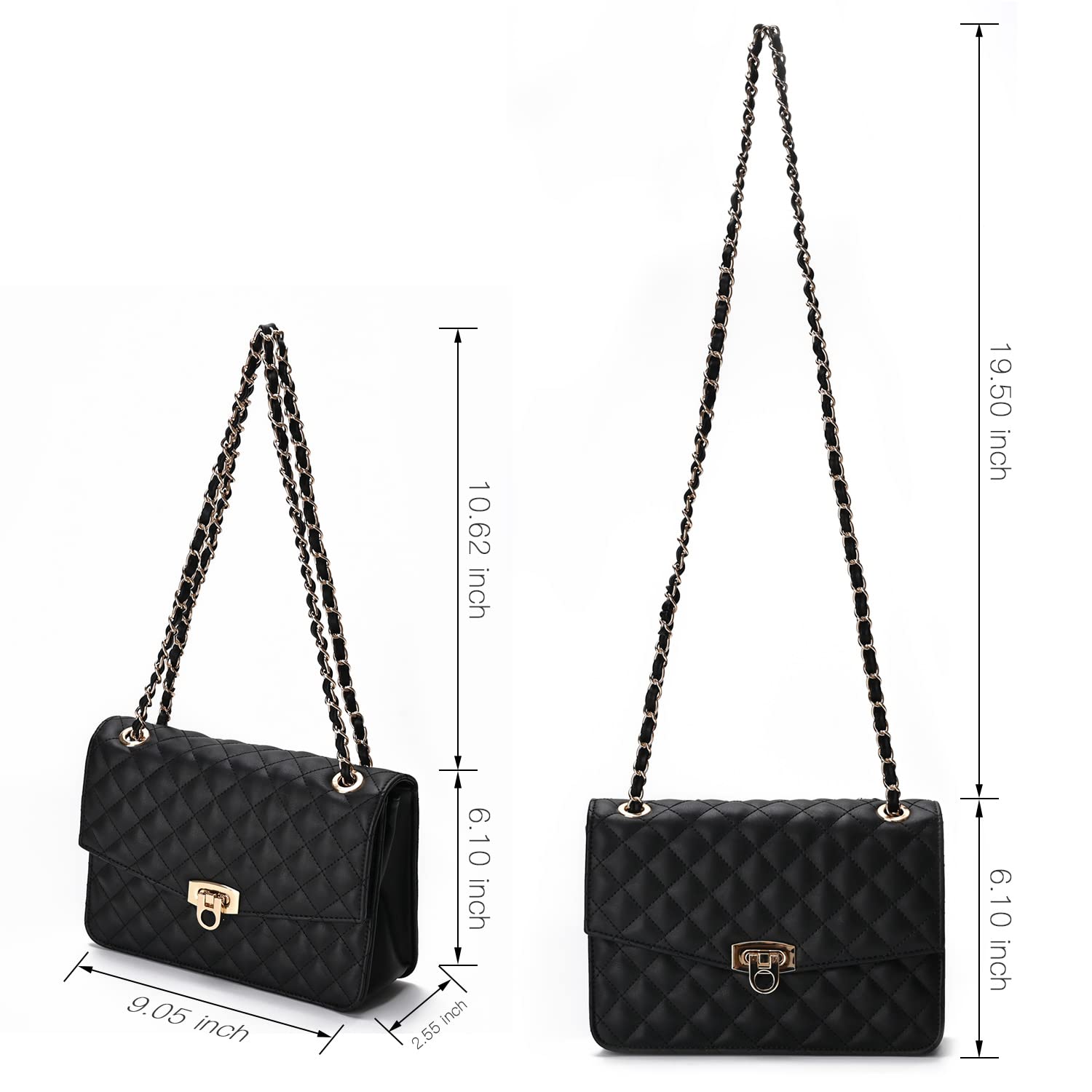 GM LIKKIE Quilted Shoulder Bag for Women, Medium Flap Crossbody Handbag with Chain Strap, Soft Vegan Leather Clutch Purse (Black)