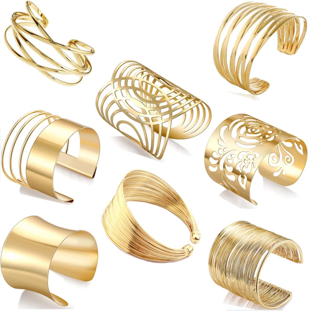 FINZOR 8 Pcs Cuff Bangle Bracelet for Women Open Wide Wire Bracelets Gold Wrist Cuff Wrap Bracelet(Gold)