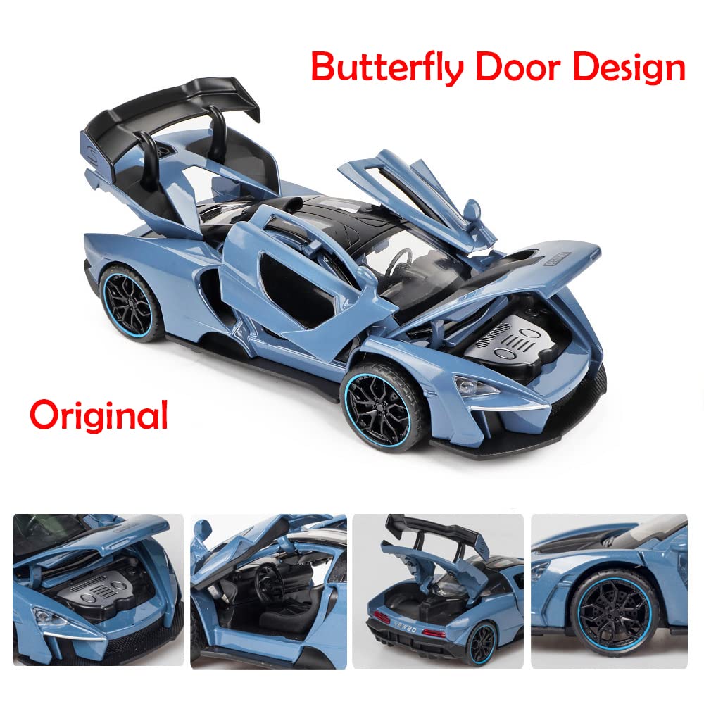 Alloy Collectible Blue McLaren Senna Toy Vehicle Pull Back DieCast Car Model with Lights and Sound