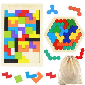 2 pack wooden russian blocks puzzle + hexagon puzzles for kids & adults, wooden block puzzle intelligence brain teasers toy logic game stem educational gift for children