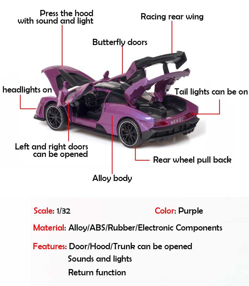 Alloy Collectible Purple McLaren Senna Toy Car Model Pull Back Vehicle DieCast with Lights and Sound