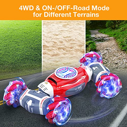 Powerextra 2023 New Remote Control Car, 1:12 Gesture Control Rc Stunt Car with Light & Music, 4WD Transform Off Road Double Side 360° Rotating Glove Racing Toy Car, 90+ Mins Play Car