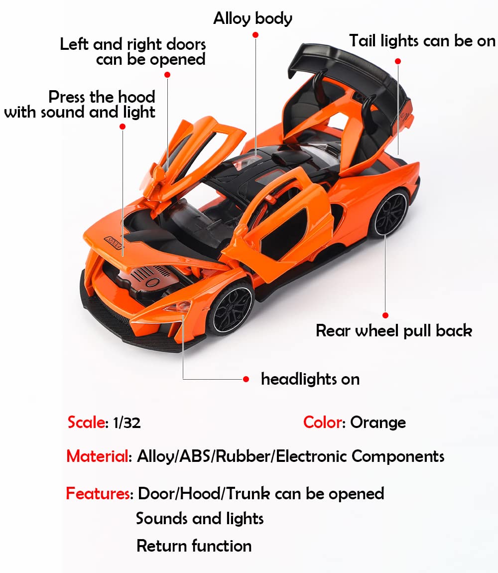 Alloy Collectible Orange McLaren Senna Toy Car Model Pull Back Vehicle DieCast with Lights and Sound