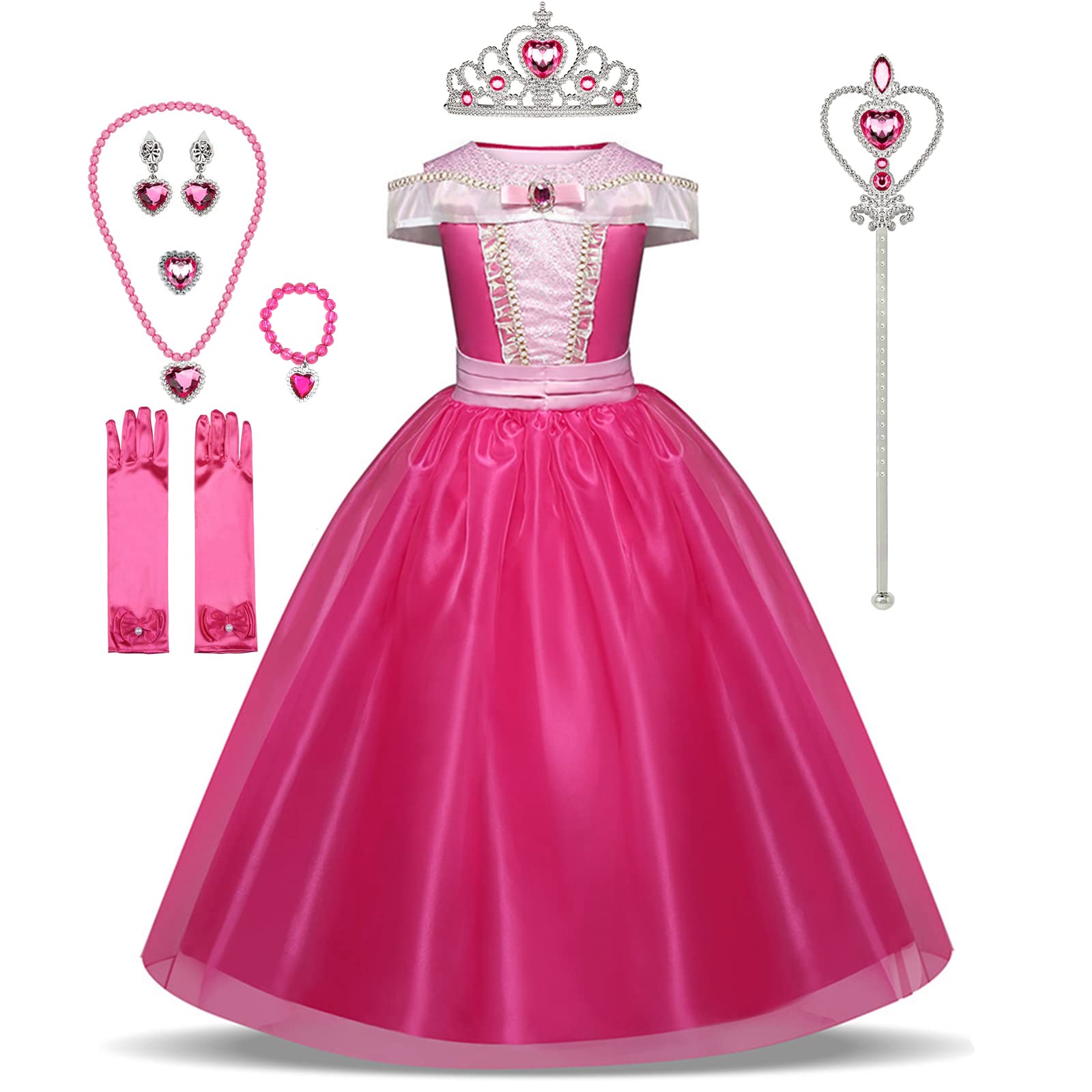 TSIZFXI Princess Costume Little Girls Pink Princess Dress Up Clothes Halloween Outfit with Accessorries 3-8Years(7-8Y/150cm,Pink)