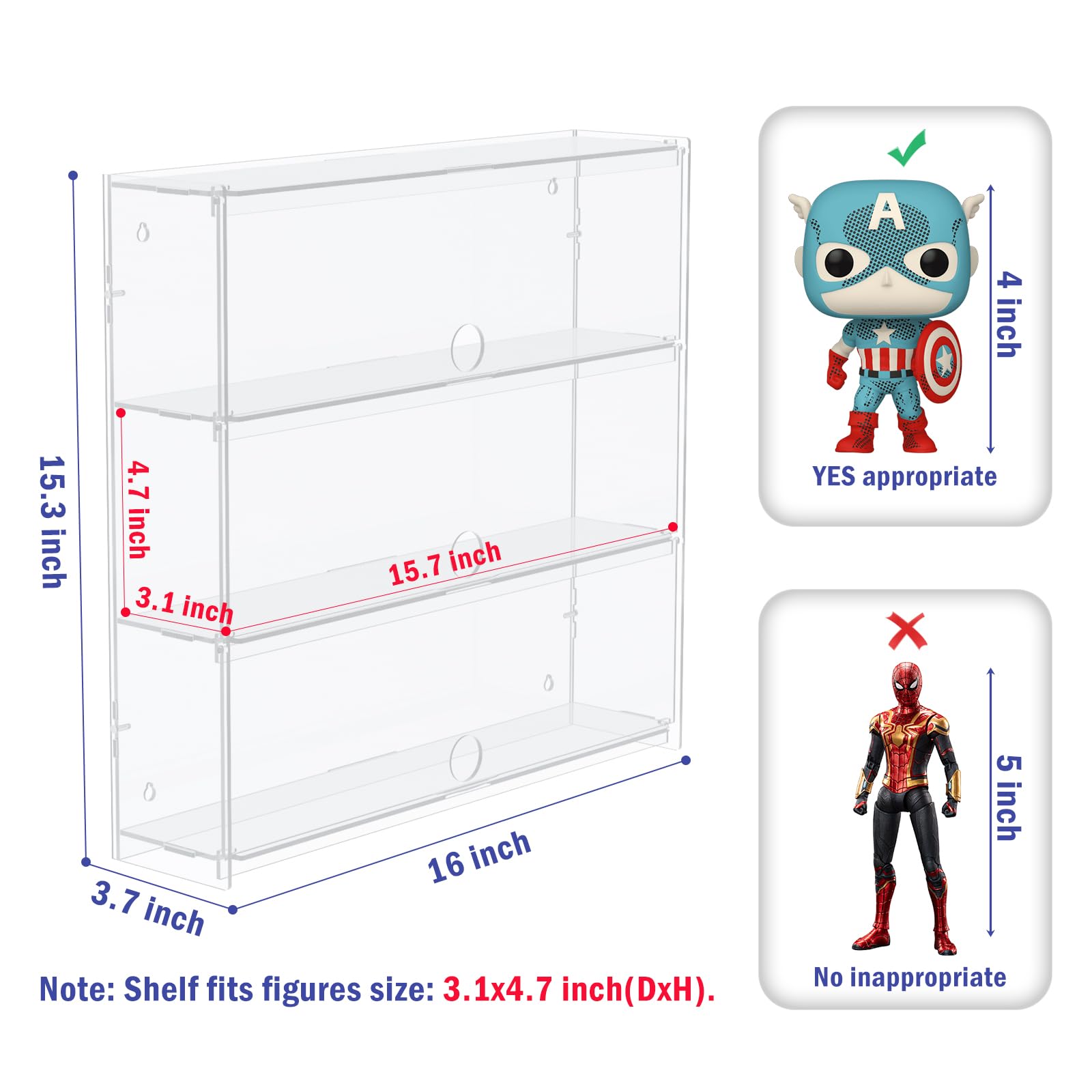 Choowin 3-Layer Clear Acrylic Display Case with Door,Wall-Mounted Display Shelf for Funko Pop,Countertop Display Case for Collectible Action Figure,Dustproof Storage Organizer(16x3.7x15.3 inch)