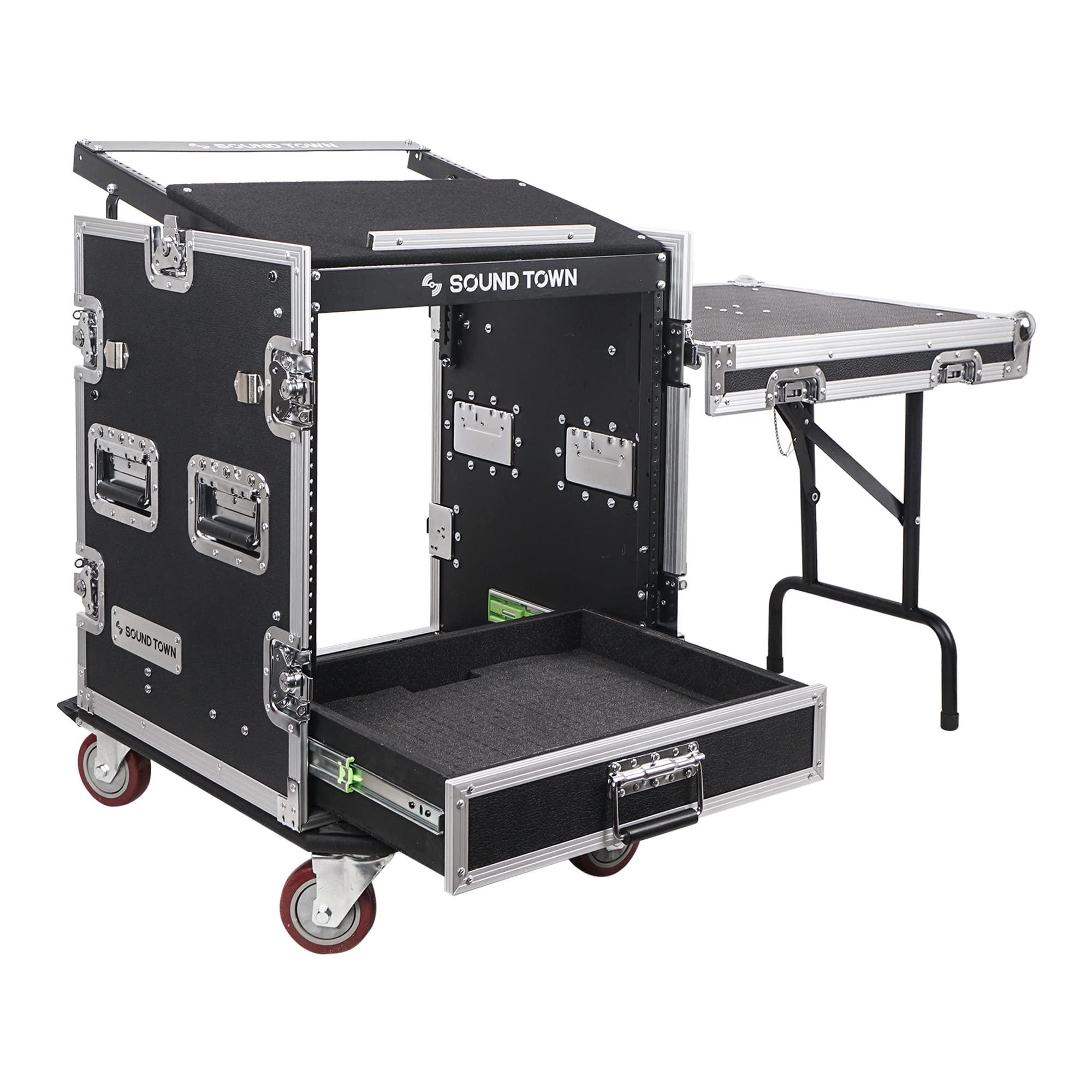 Sound Town 12U PA DJ Pro Audio Rack/Road ATA Case with 2U Drawer, 11U Slant Mixer Top, DJ Work Table, Casters, Pro Tour Grade (MR-DR12UT)