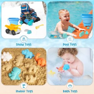 FHOZGECY Beach Toys, 23Pcs Sand Toys, Sandbox Toys with Dump Truck, Collapsible Sand Bucket, Shovel Set, Sand Castle Kit, Animal Dinosaur Molds, Mesh Bag, Travel Toys for Kids Toddlers Boys Girls