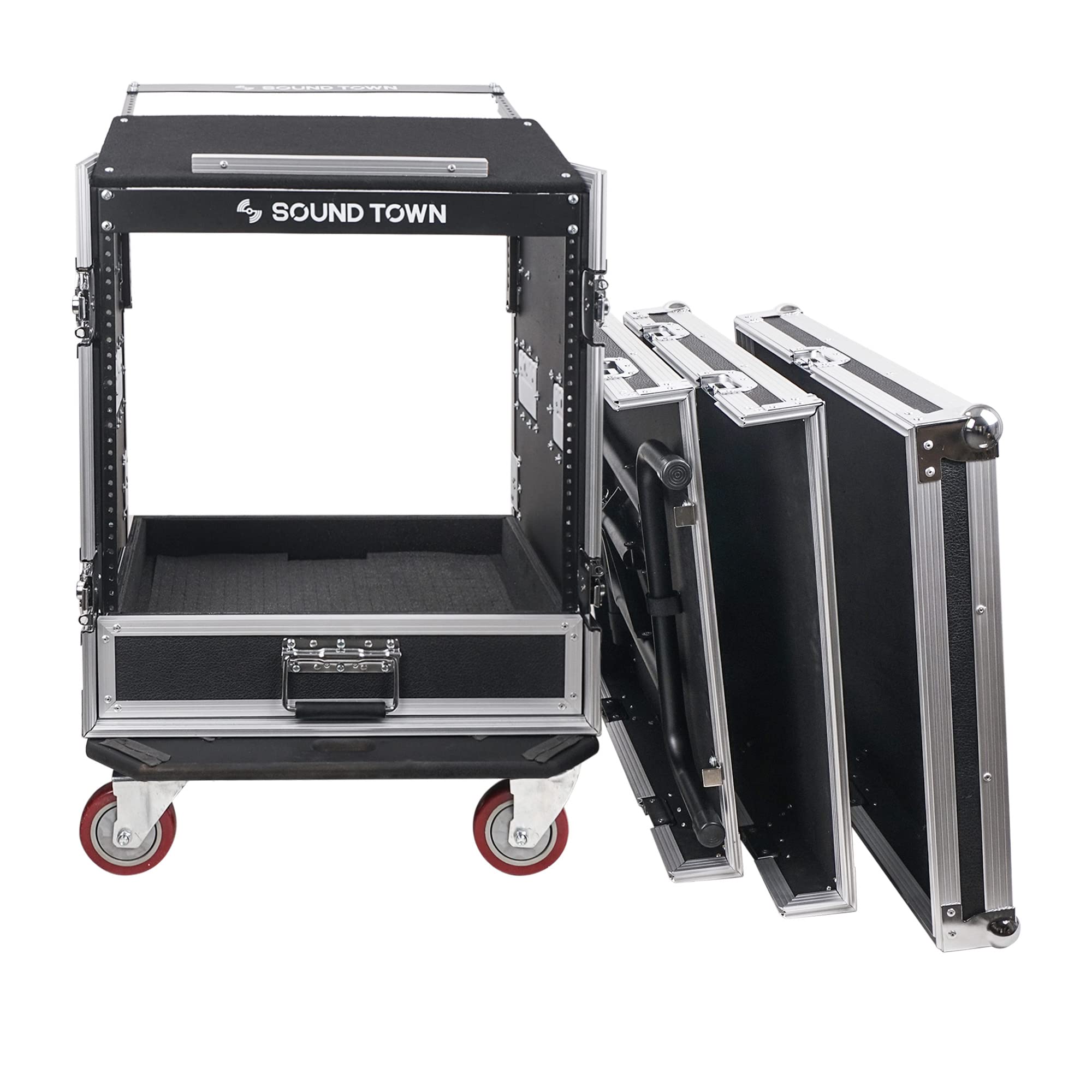 Sound Town 12U PA DJ Pro Audio Rack/Road ATA Case with 2U Drawer, 11U Slant Mixer Top, DJ Work Table, Casters, Pro Tour Grade (MR-DR12UT)