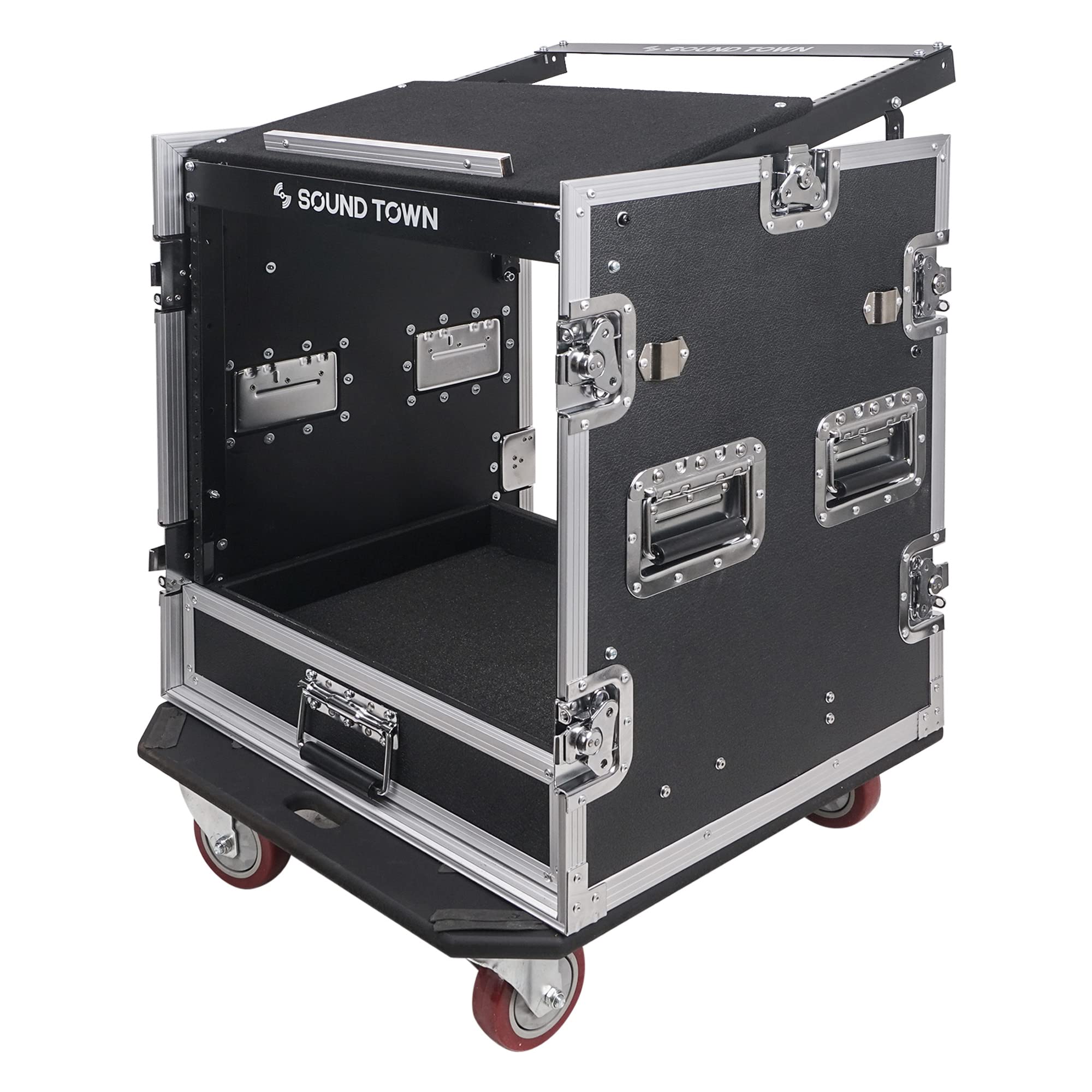 Sound Town 12U PA DJ Pro Audio Rack/Road ATA Case with 2U Drawer, 11U Slant Mixer Top, DJ Work Table, Casters, Pro Tour Grade (MR-DR12UT)