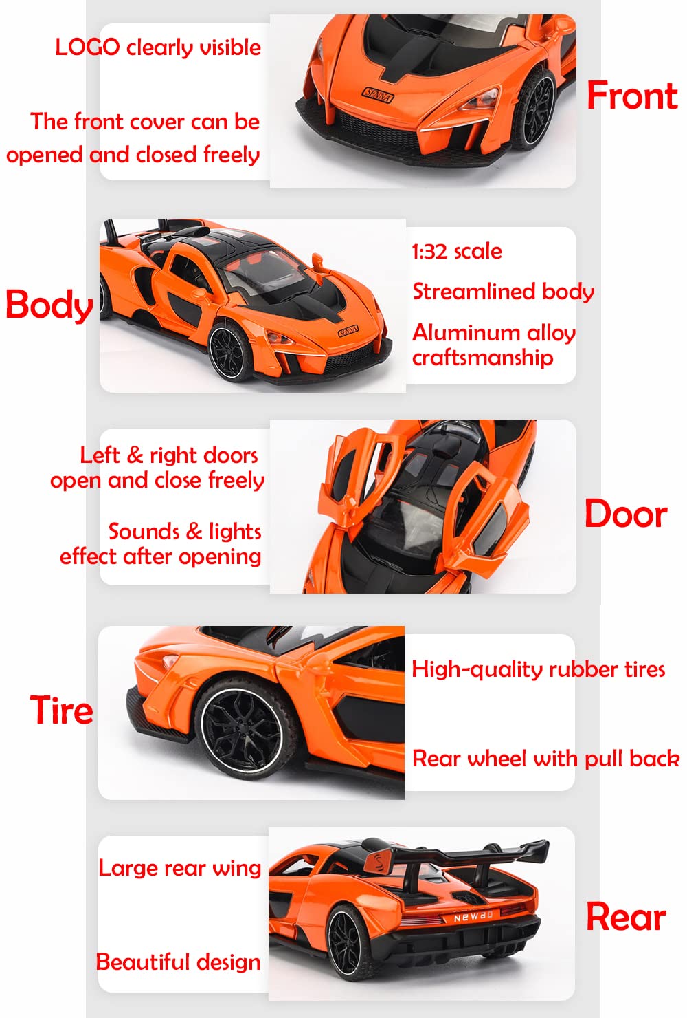 Alloy Collectible Orange McLaren Senna Toy Car Model Pull Back Vehicle DieCast with Lights and Sound