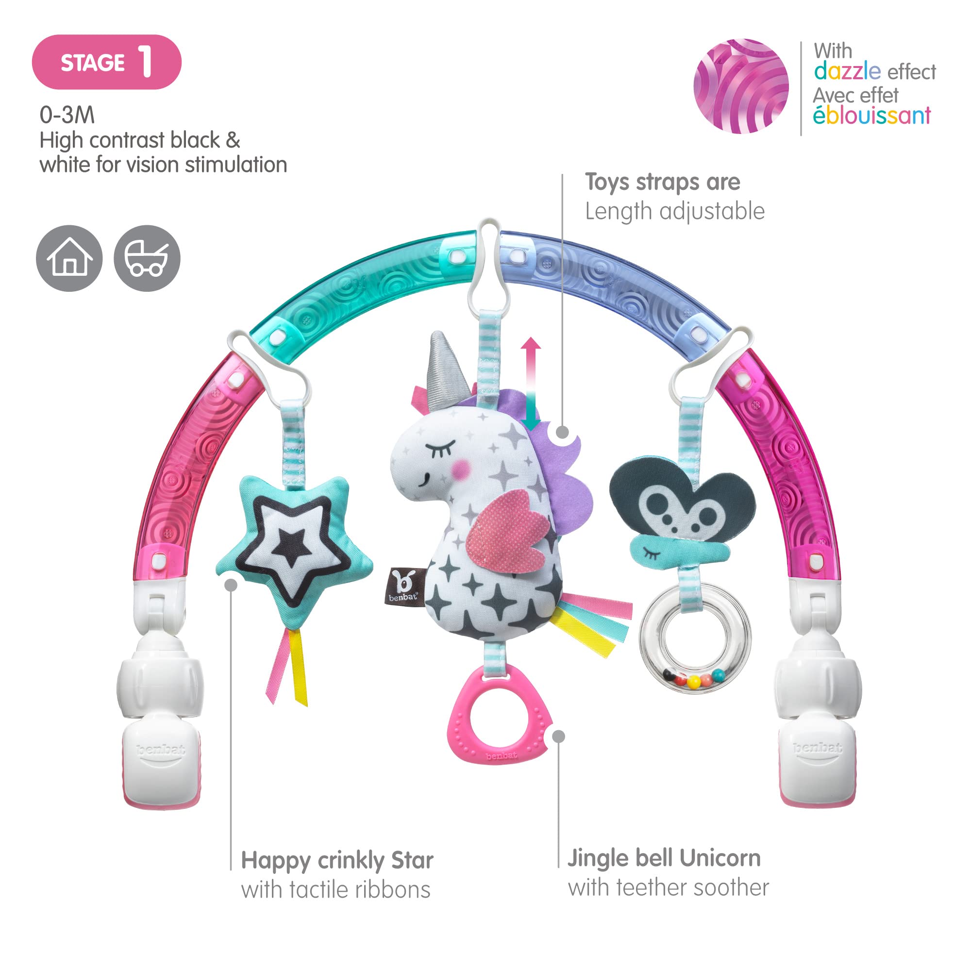 BENBAT Baby Stroller Arch Toy Rainbow Dazzle Friends Play Bar. Fun Newborns Sensory Activity, Adjustable for Bouncers and Car Seat, Unicorn