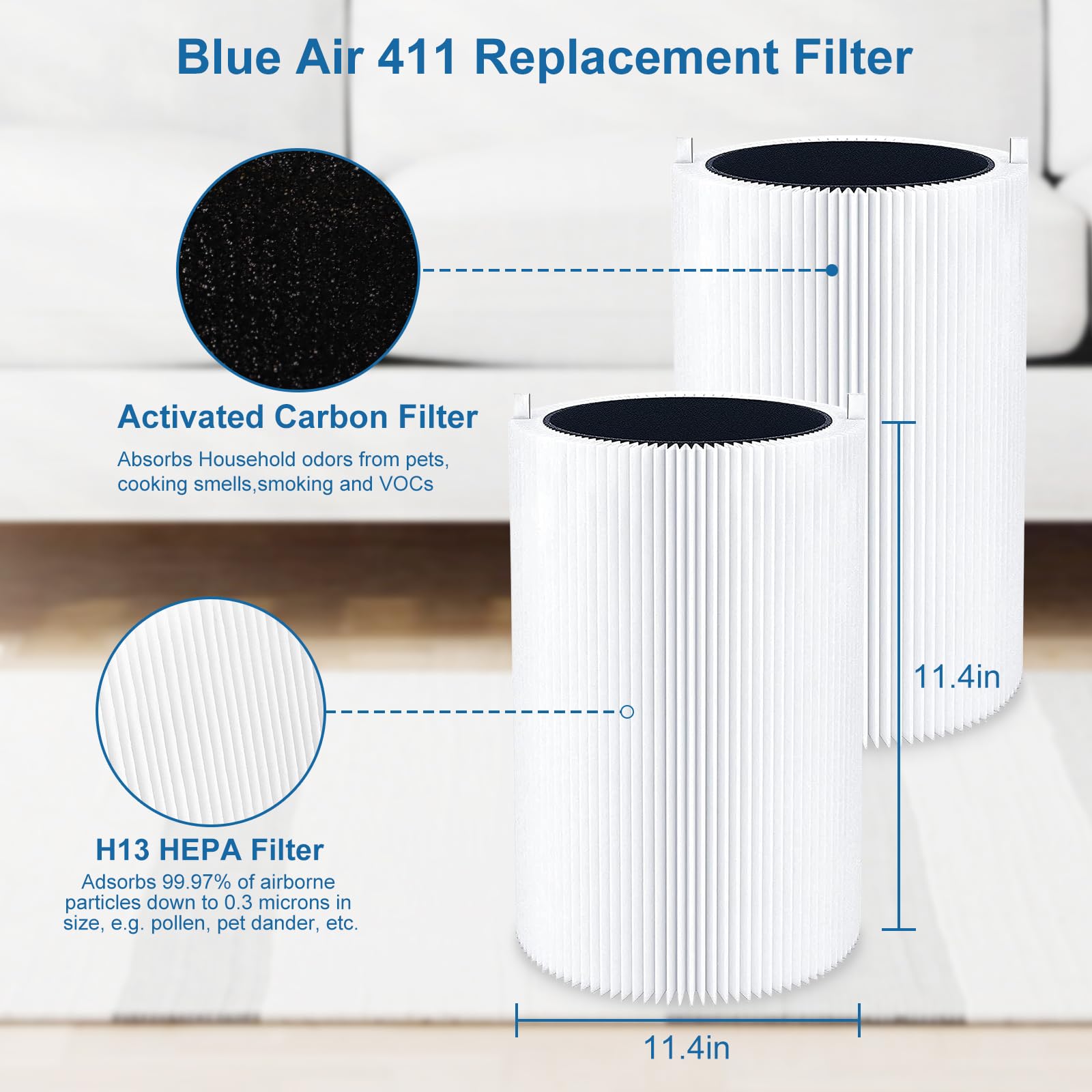 NXBHG Blue Air Filter Replacement 411 Compatible with Blueair Blue Pure 411 Genuine, Blue Pure 411+,411 Auto & Mini, 3 Pack HEPA Particle and Activated Carbon Filter (3 Pack HEPA Filter)