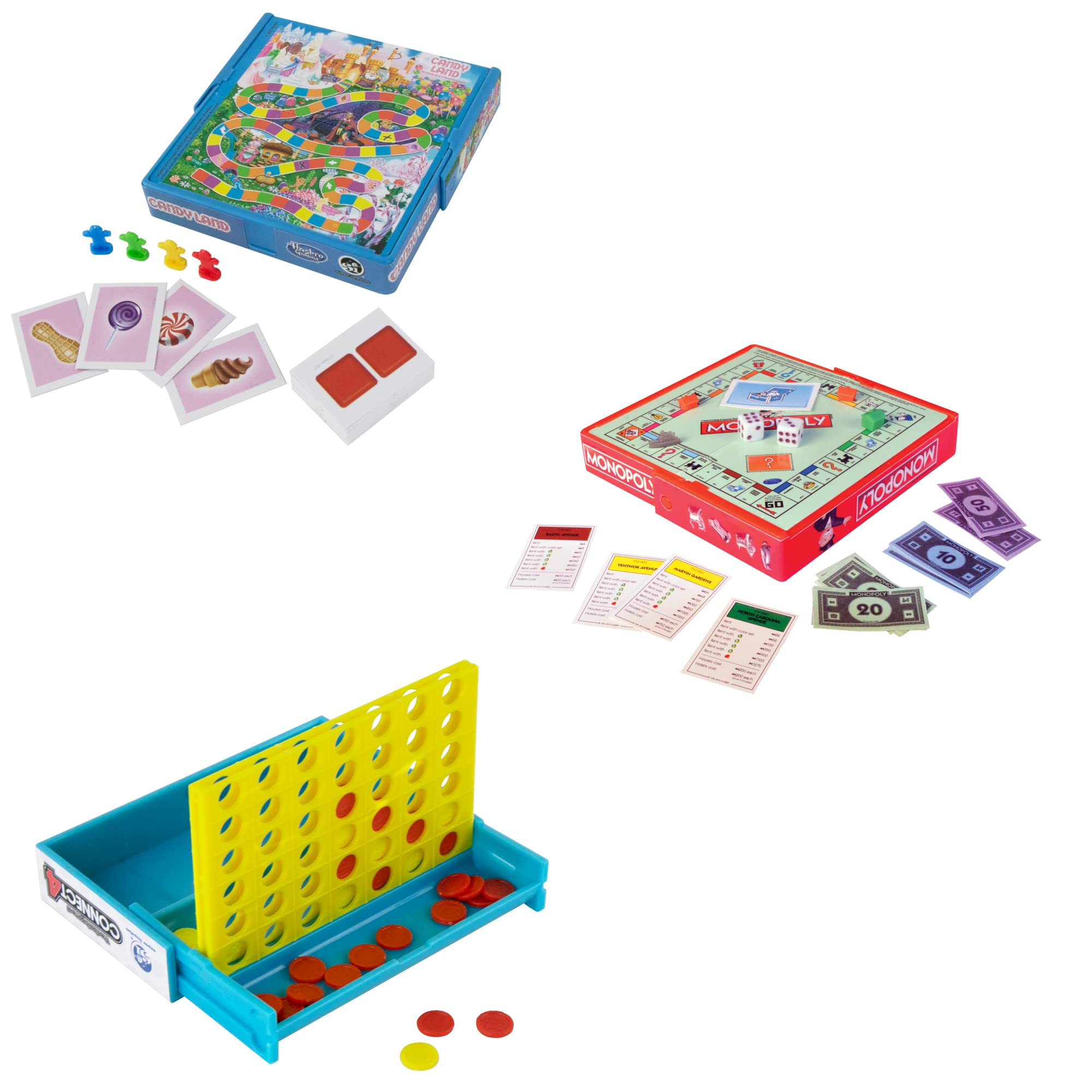 Worlds Smallest Games Bundle Set of 3 Candy Land - Connect 4 - Monopoly - Plus Emoji Sticker Set