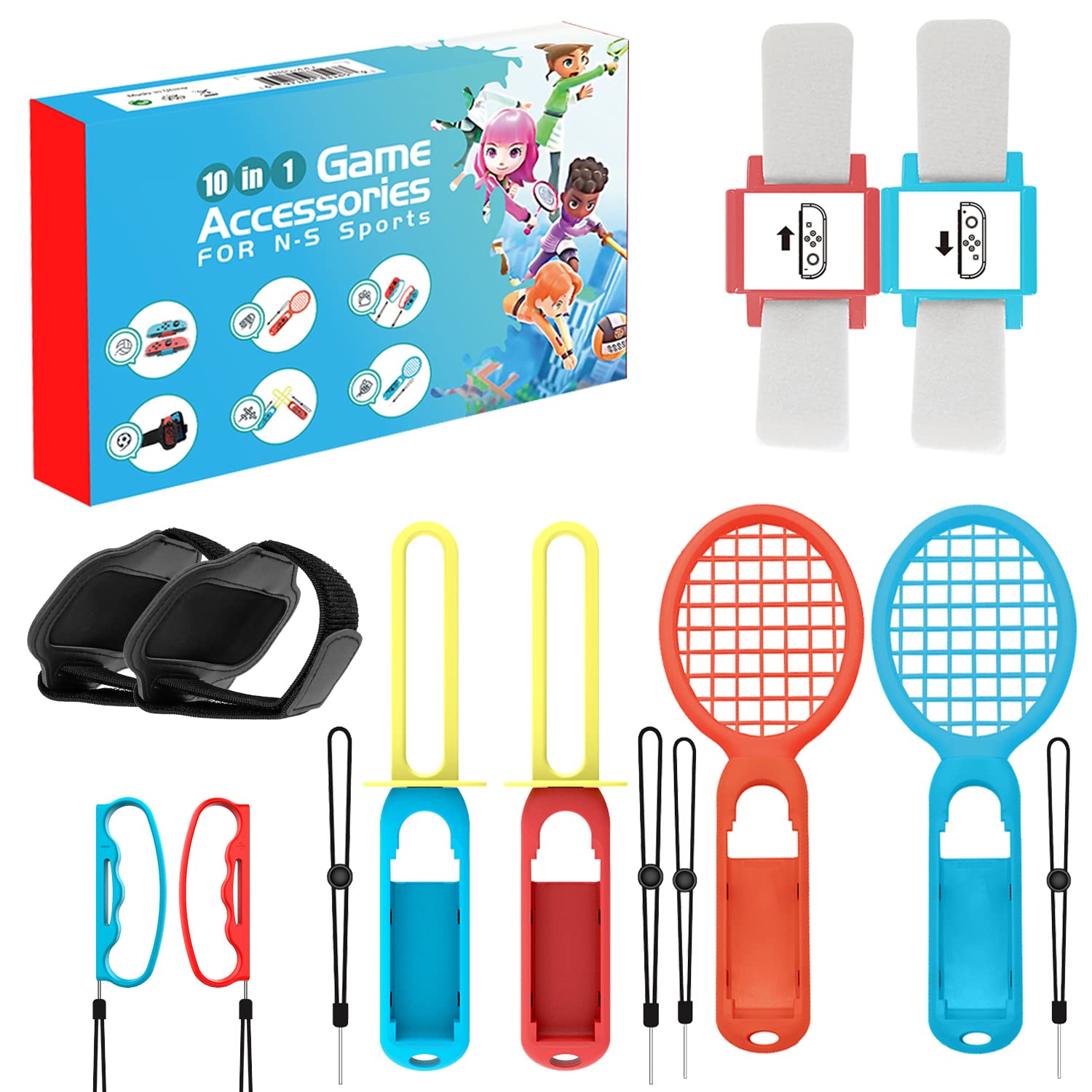 Ermorgen Switch Sports Accessories Bundle, 10 in 1 Kit for Switch Sports Games, with Joycon Fencing Grip for Chambara Game, Leg Straps & Hand Strap, Tennis Badminton Rackets and Bowling Grip