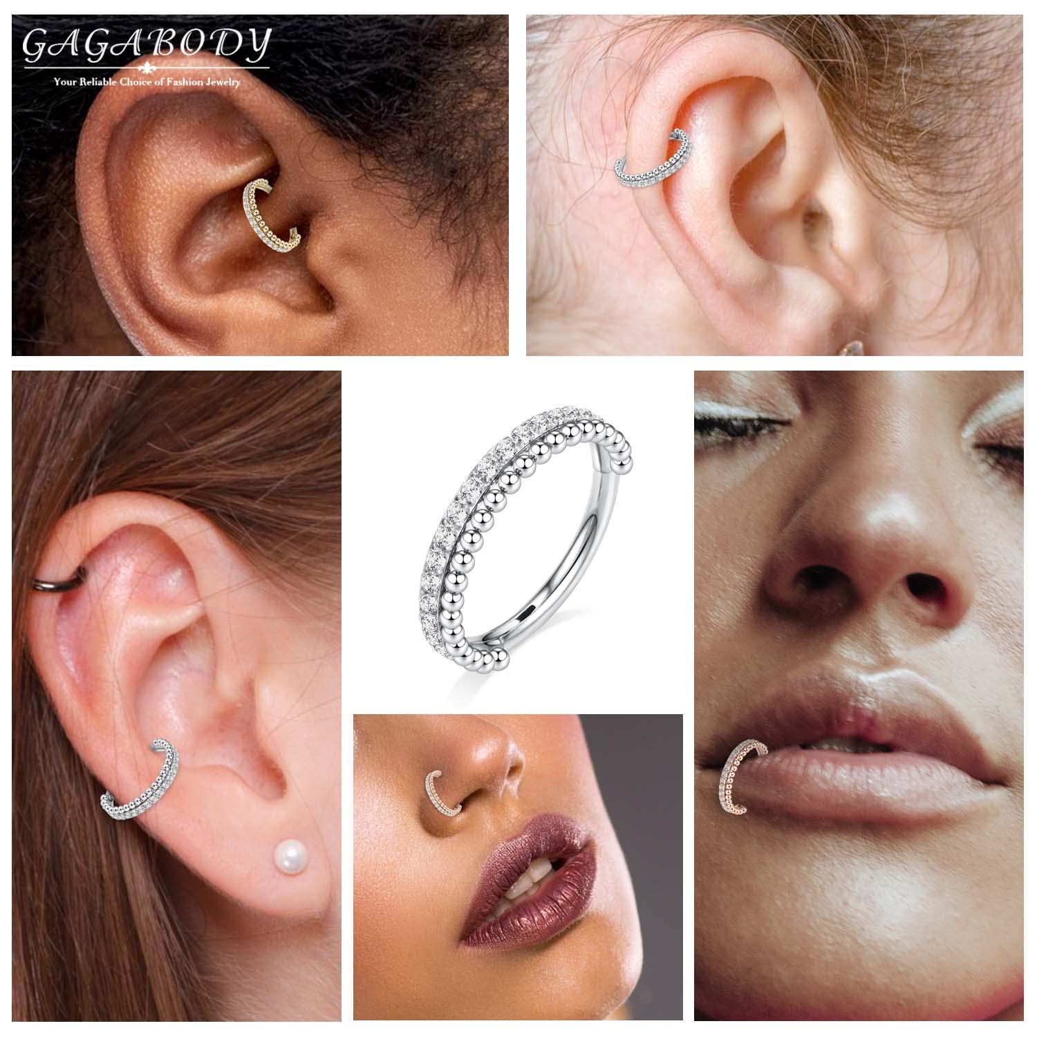 Conch Hoop Conch Piercing Jewelry 16g Septum Jewelry Daith Earrings Surgical Steel Hoop Earrings Gold Bead and CZ Nose Hoops 16 Gauge Septum Clicker 10mm Helix Earring Rook Earrings