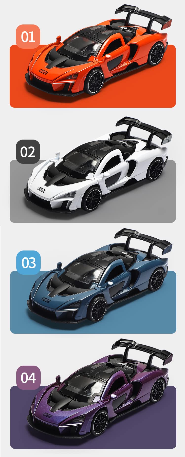 Alloy Collectible Blue McLaren Senna Toy Vehicle Pull Back DieCast Car Model with Lights and Sound