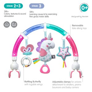 BENBAT Baby Stroller Arch Toy Rainbow Dazzle Friends Play Bar. Fun Newborns Sensory Activity, Adjustable for Bouncers and Car Seat, Unicorn