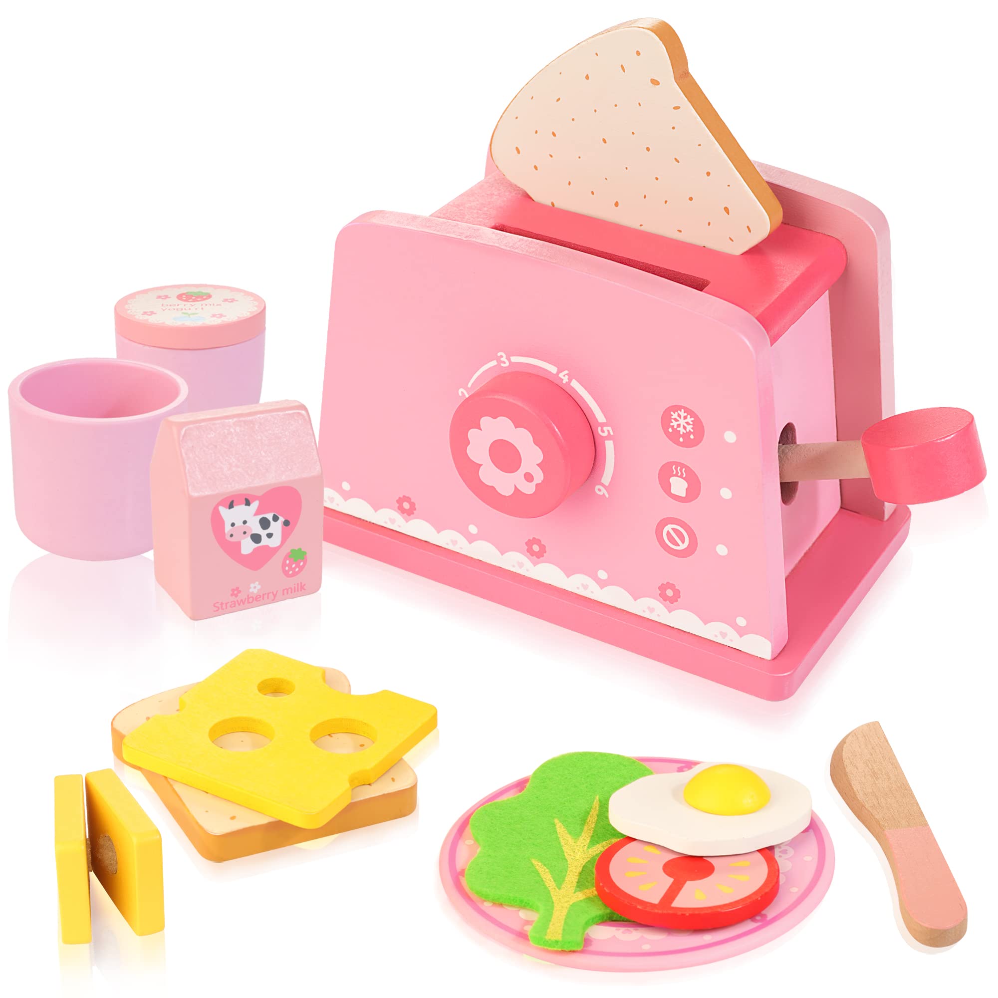 Wooden Pop-Up Toaster Playset, 14pcs Kitchen Toys with Bread Butter Knife Cheese Vegetable Tomato Milk Yogurt Fried Egg, Play Kitchen Accessories for Boys Girls Age 3-6