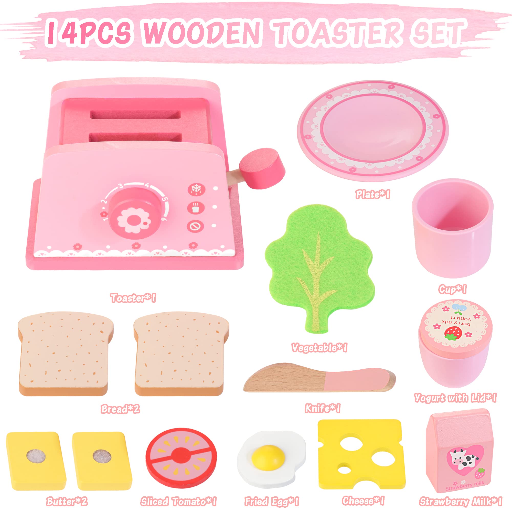 Wooden Pop-Up Toaster Playset, 14pcs Kitchen Toys with Bread Butter Knife Cheese Vegetable Tomato Milk Yogurt Fried Egg, Play Kitchen Accessories for Boys Girls Age 3-6