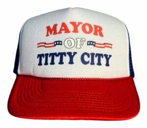 mayor of titty city snapback trucker hat for men or women, vintage fit with funny novelty graphic, custom mesh cap red/white/blue