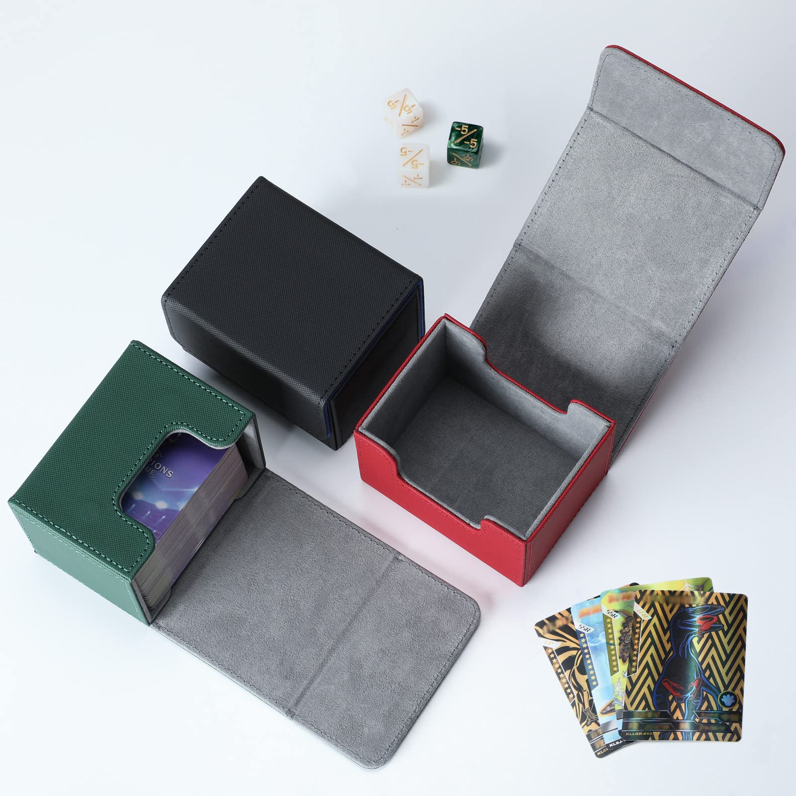 Weewooday 3 Pieces Leather Deck Card Boxes Cards Deck Game Box for 100 Plus Cards Compatible with MTG(Black Blue, Red, Green, Horizontal)