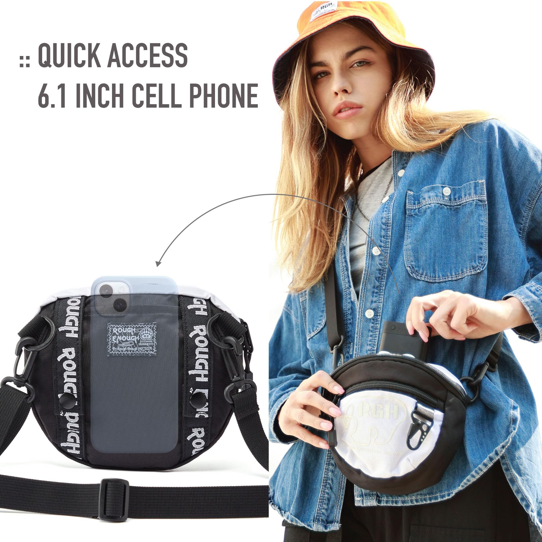 Rough Enough Small White Crossbody Purse Cell Phone Dog Walking Bag for Women Preppy Teen Girls Travel Fashionable Outfits with Detachable Shoulder Strap Cordura