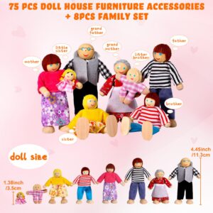 83 Pcs Doll House Furniture Package with 8 Winning Doll Family Set Wooden Bendable Figures and Fully Furnished Kitchen Living Room Bathroom Bedroom Dressable Doll House Furniture Pretend Play Toys