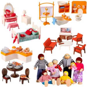 83 Pcs Doll House Furniture Package with 8 Winning Doll Family Set Wooden Bendable Figures and Fully Furnished Kitchen Living Room Bathroom Bedroom Dressable Doll House Furniture Pretend Play Toys