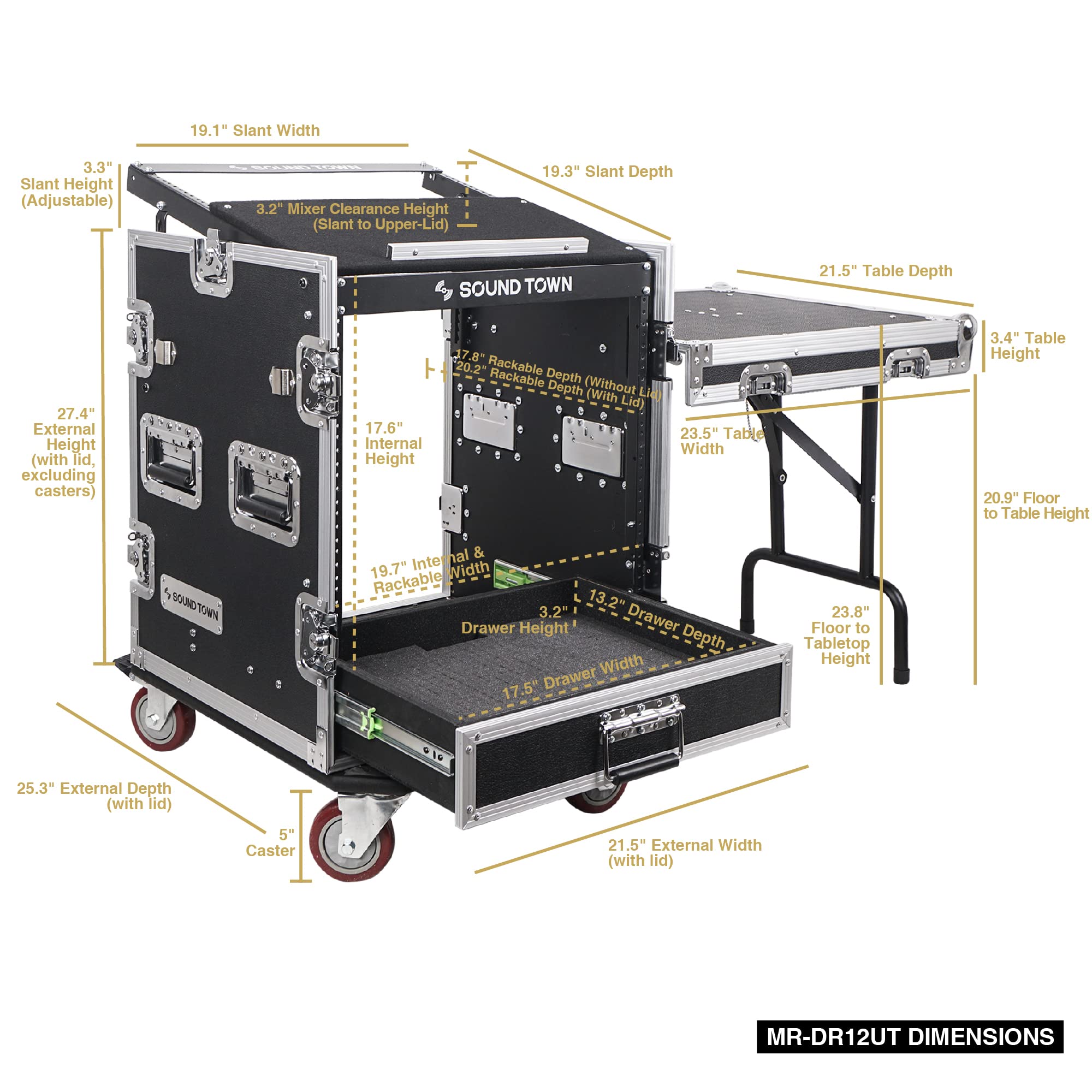 Sound Town 12U PA DJ Pro Audio Rack/Road ATA Case with 2U Drawer, 11U Slant Mixer Top, DJ Work Table, Casters, Pro Tour Grade (MR-DR12UT)