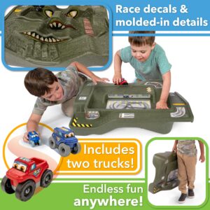 Simplay3 Monster City Extreme Wheels Monster Truck and Car Race Track Table - Red or Green Portable 2 Sided Kids Play Table with 2 Monster Race Trucks - Made in USA