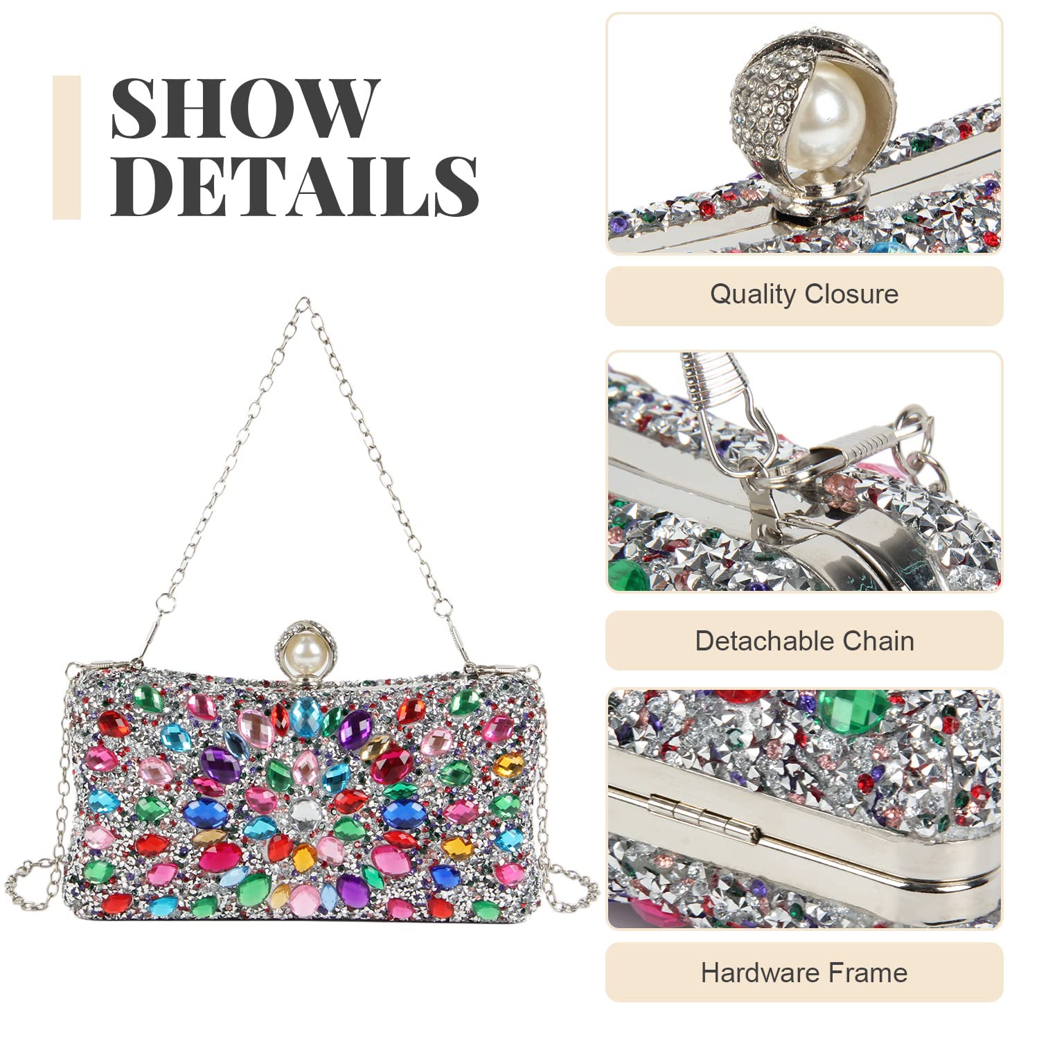 SUKUTU Women Rhinestone Evening Bag MultiColored Dazzling Crystal Clutch Bag Party Bridal Wedding Cocktail Handbag