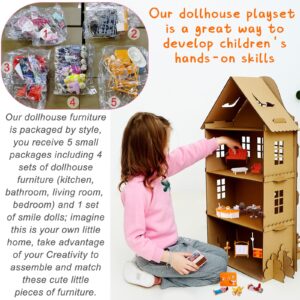 83 Pcs Doll House Furniture Package with 8 Winning Doll Family Set Wooden Bendable Figures and Fully Furnished Kitchen Living Room Bathroom Bedroom Dressable Doll House Furniture Pretend Play Toys