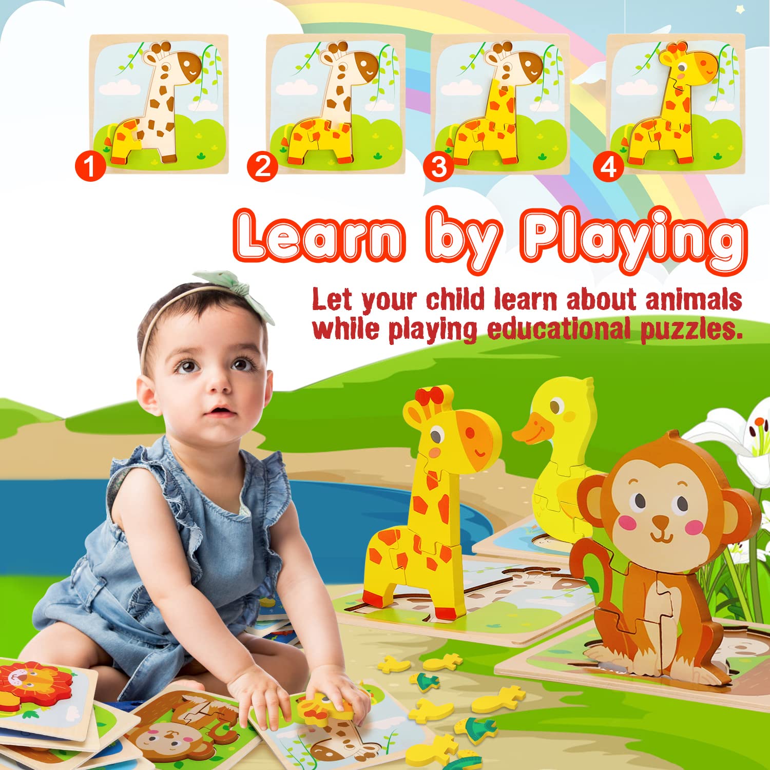 Wooden Puzzles for Toddlers 1-3, Montessori Toys for 1 2 3 Year Old Boys Girls, Wooden Puzzles Gifts Toys Toddlers, Learning Educational Toys, Early Development and Activity Toys Gifts for Toddlers